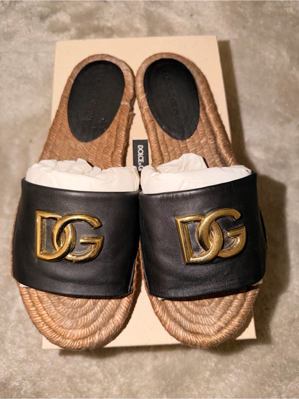 Dolce & Gabbana Black Leather Slides with Gold DG Logo - Picture 2 of 6